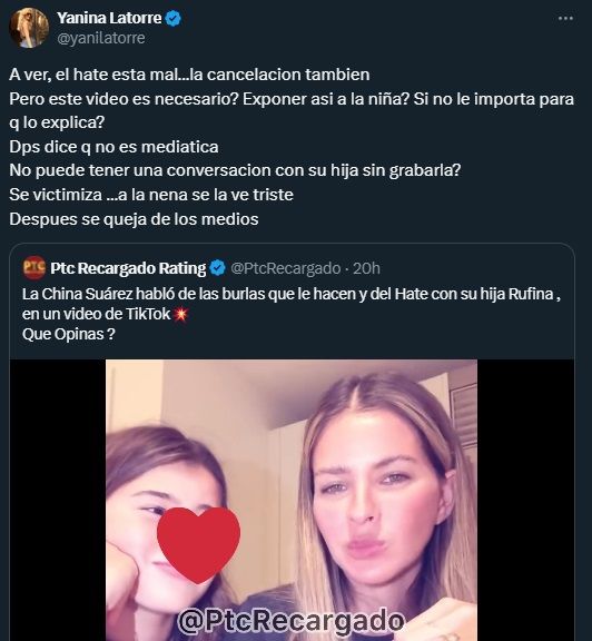 Yanina Latorre contra La China Suárez por exponer a su hija Rufina