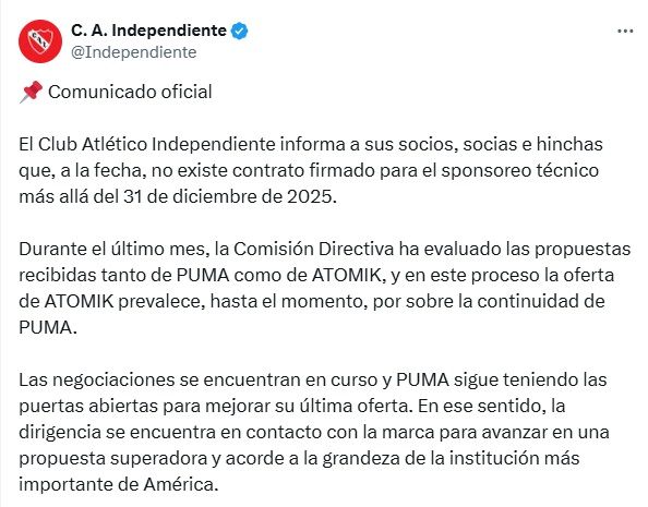 Comunicado Independiente en X