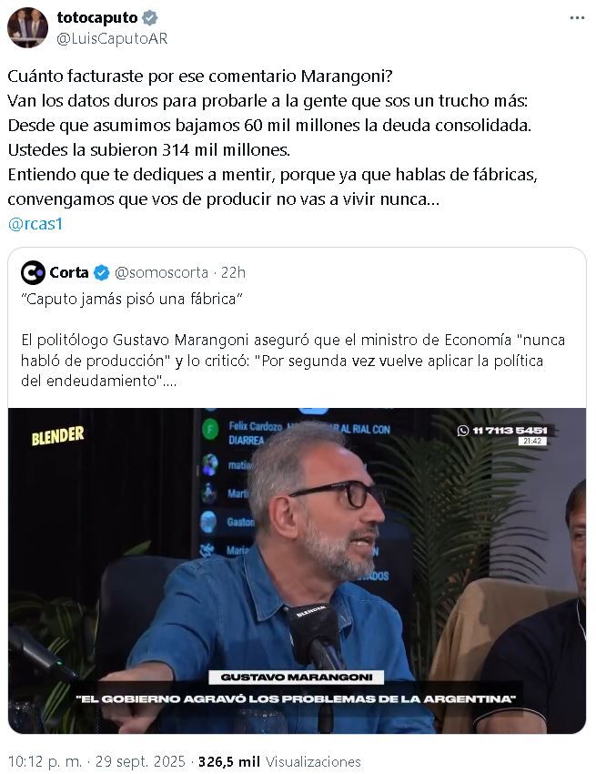 Tuit Luis Caputo contra Gustavo Marangoni