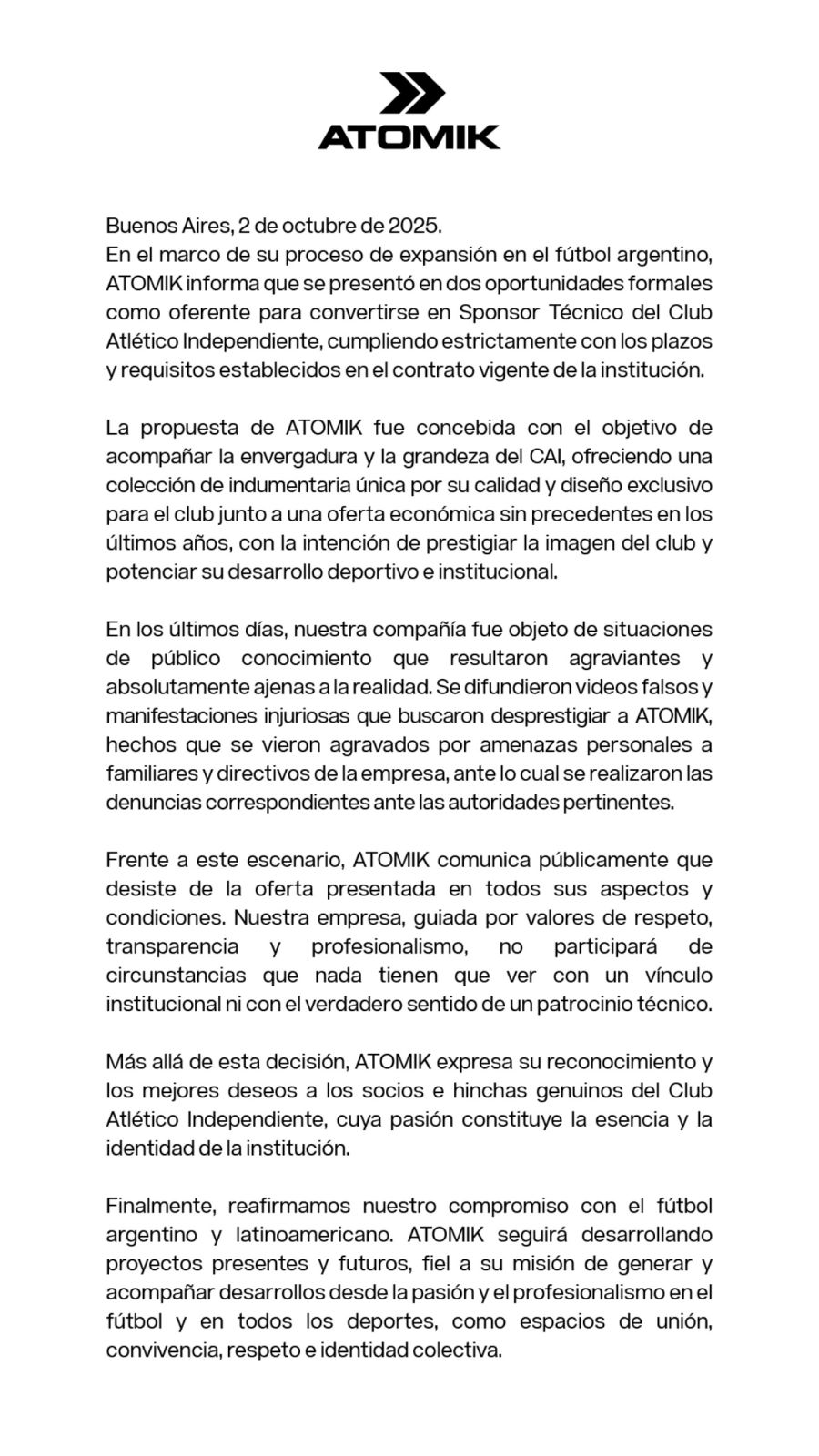 Comunicado ATOMIK - Independiente