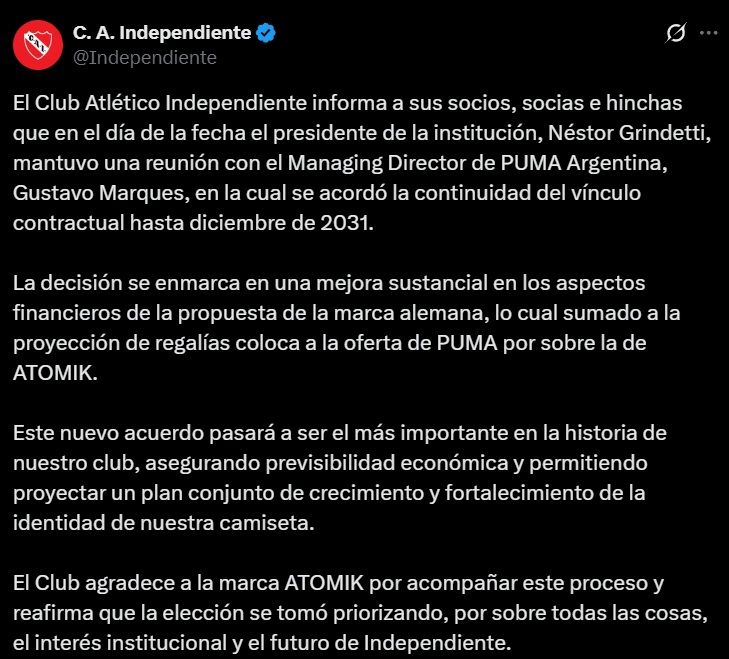 Comunicado Independiente - Renovación con Puma