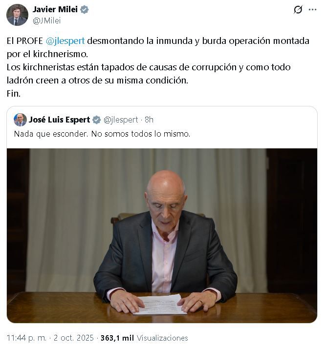 Tuit de Javier Milei defendiendo a José Luis Espert