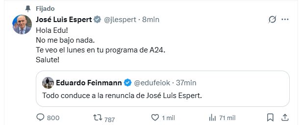 El tuit 'fijado' de Espert este viernes 03/10, en su cuenta de X: