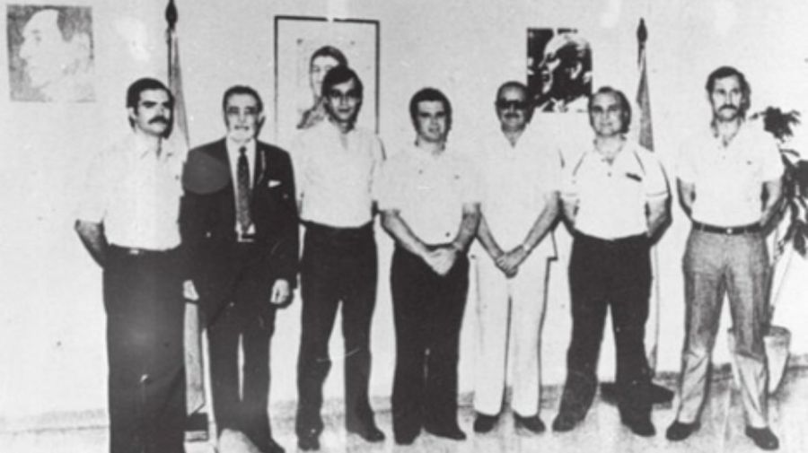 De izquierda a derecha; Vaca Narvaja, Bidegain, Pereyra Rossi, Firmenich, Obregón Cano, Perdía y en último lugar, Raúl Yaguer, el jefe de la Operación Primicia