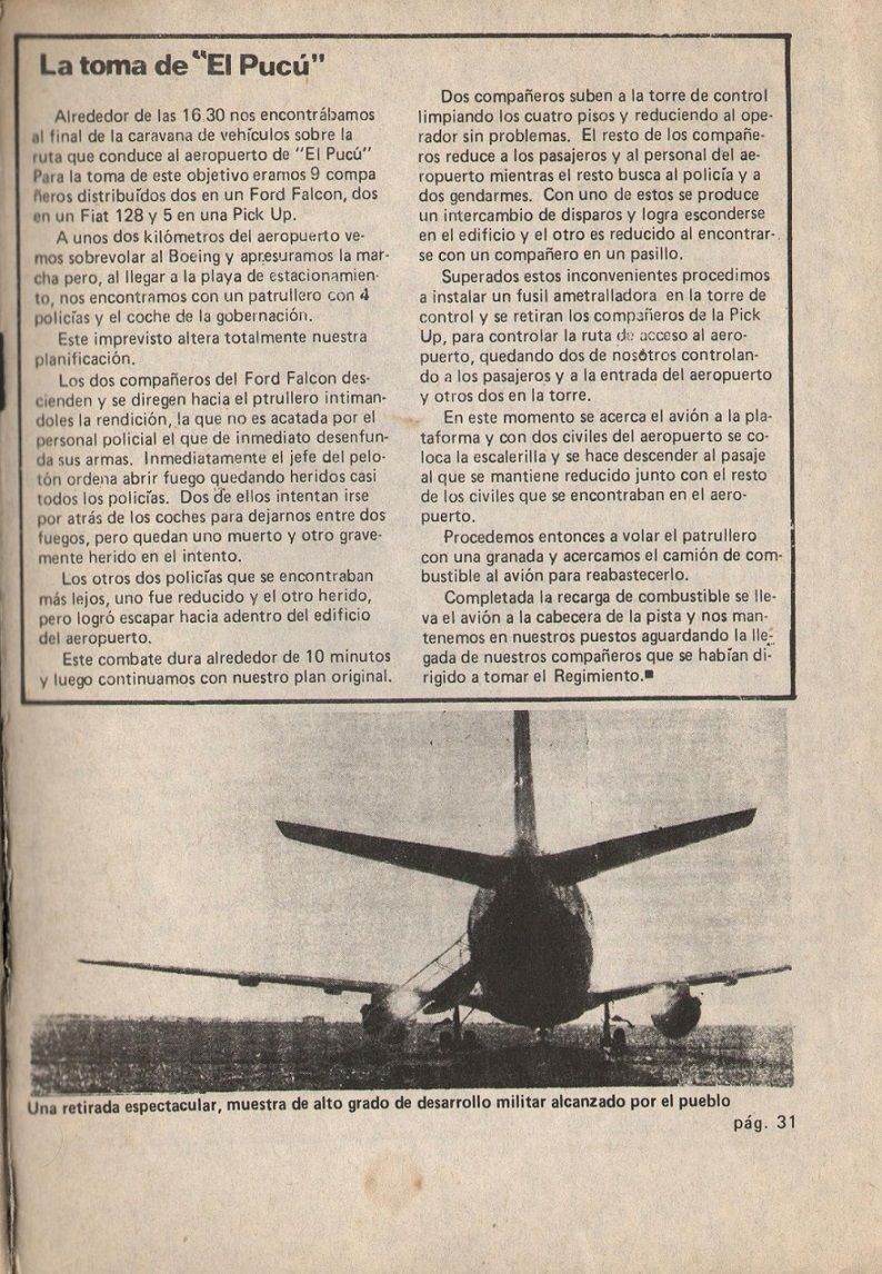 Página 31 de la edición de octubre de 1975 de la revista Evita Montonera sobre la toma del aropuerto El Pucú de Formosa