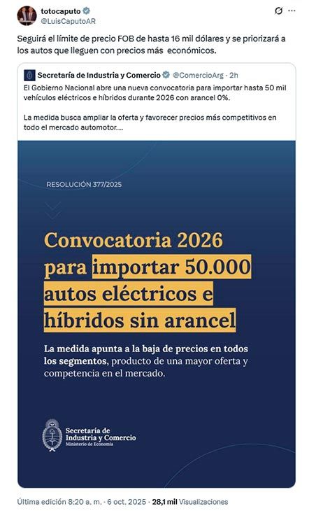 Luis Caputo autos eléctricos e híbridos sin arancel 06102025