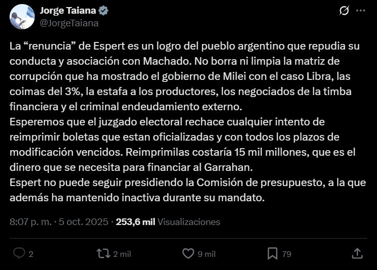 Reacciones a la renuncia de Espert a su candidatura 20251005