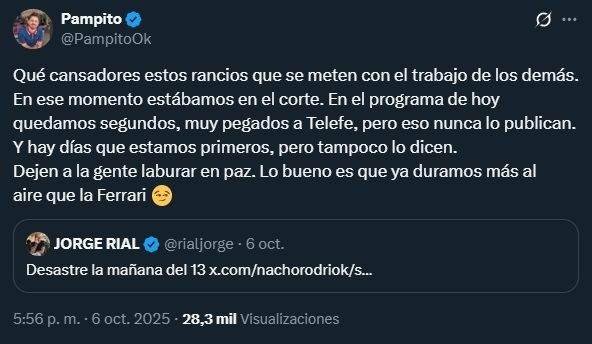 Pampito contra Jorge Rial por criticar el rating de El Trece