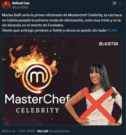 Marixa Balli sería la primera eliminada de Masterchef Celebrity