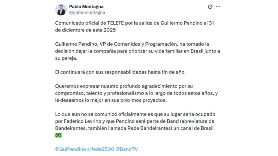 Telefe confirmó la salida de Guillermo Pendino
