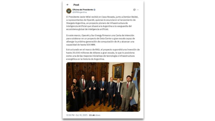 El Presidente Javier Milei recibió en Casa Rosada, junto a Demian Reidel, a representantes de OpenAI 10102025