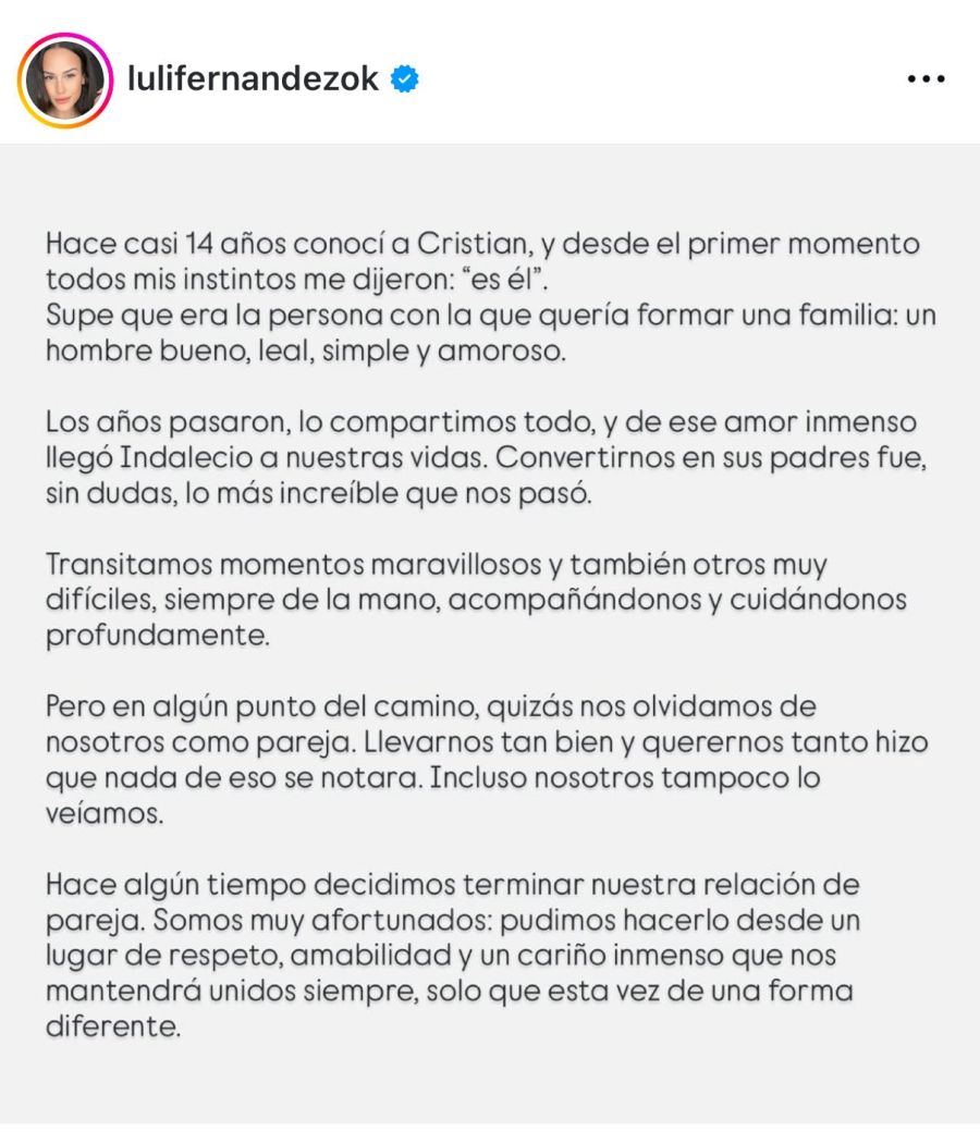 Luli Fernández confirmó su separación de Cristian Cúneo Libarona tras 14 años de relación