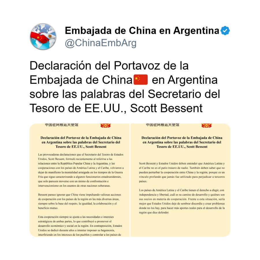 Posteo de la embajada de China contra Scott Bessent 