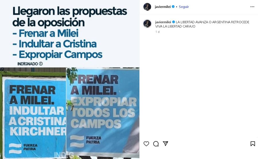 Publicación de Javier Milei en Instagram con la fake news contra Caren Tepp