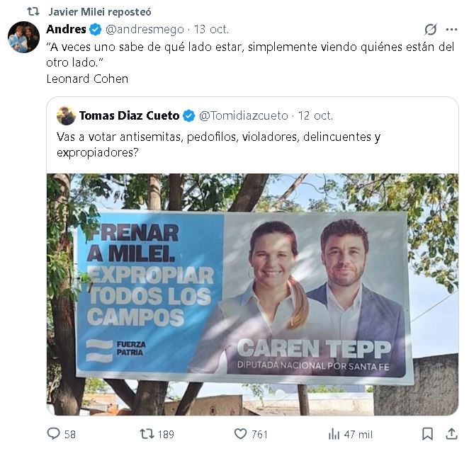 Reposteo de Javier Milei de la fake news contra Caren Tepp