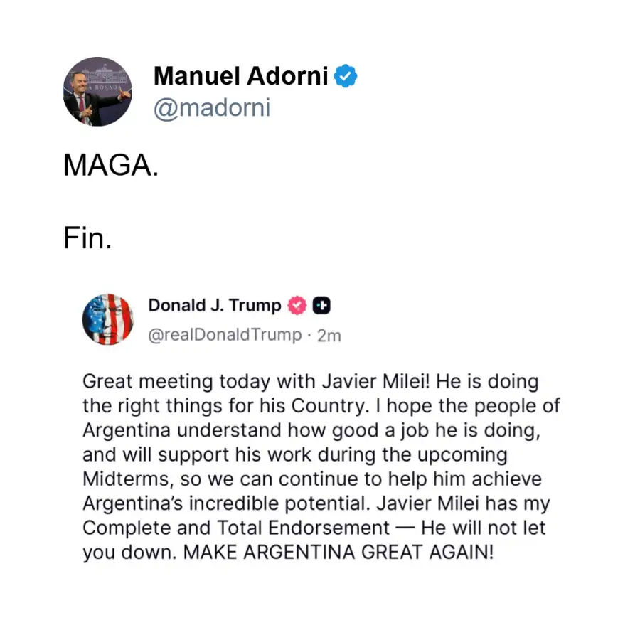 Posteo de Manuel Adorni sobre el encuentro Trump y Milei en la Casa Blanca