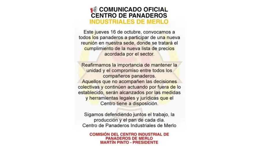 Comunicado oficial de la Cámara de Industriales Panaderos de la provincia de Buenos Aires (CIPAN)