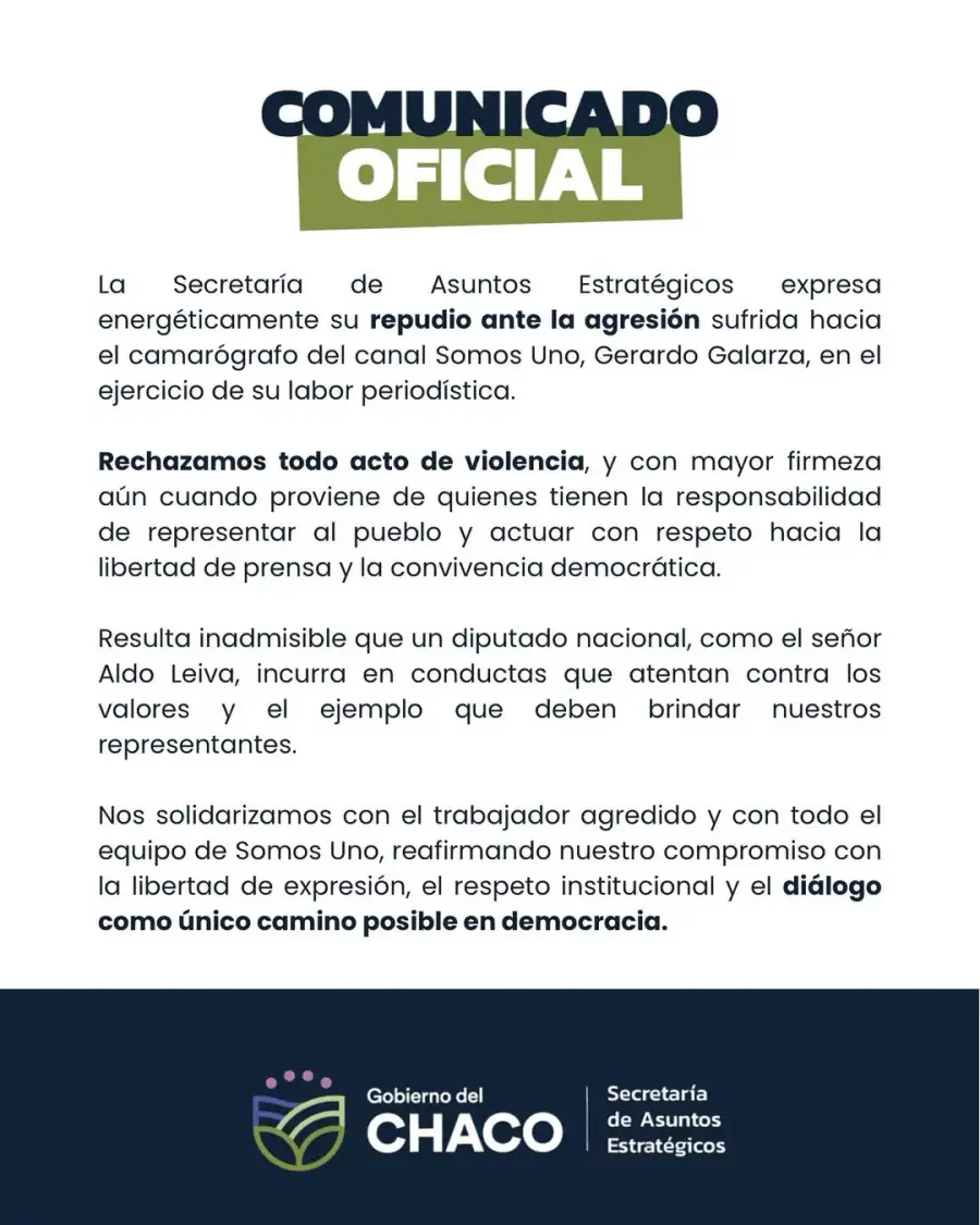 Comunicado Oficial Gobierno del Chaco sobre la pelea de Aldo Leiva con militantes de La Libertad Avanza