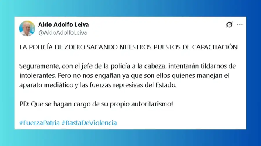Tuit de Aldo Leiva sobre su enfrentamiento con militantes de La Libertad Avanza