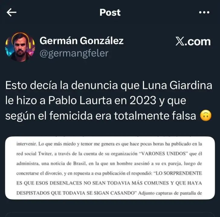 Posteo sobre la denuncia de Luna Giardina