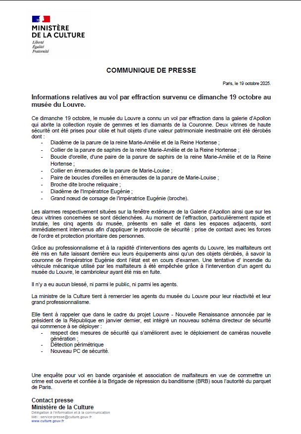 Comunicado ministerio de Cultura Francia