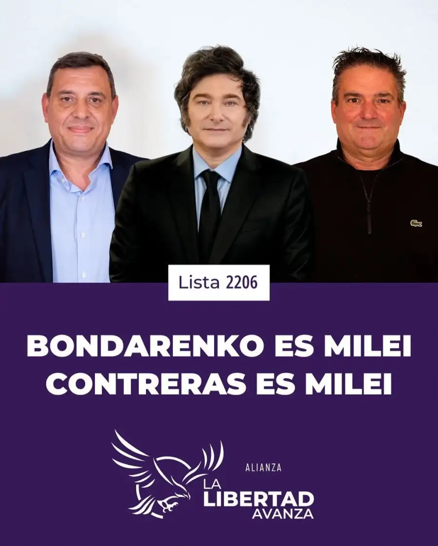 Flyer La Libertad Avanza en San Vicente con Maxi Bondarenko, Javier Milei e Ignacio Contreras