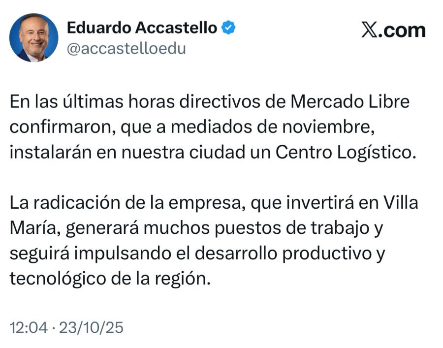 Eduardo Accastello confirma en redes la radicación de Mercado Libre