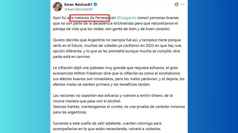 Tuit Karen Reichardt sobre su visita a