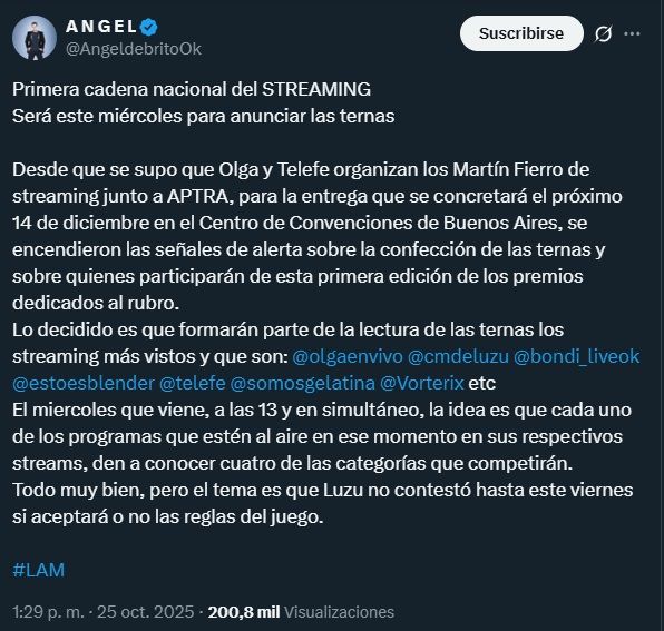 Ángel de Brito sobre los Martín Fierro de streaming