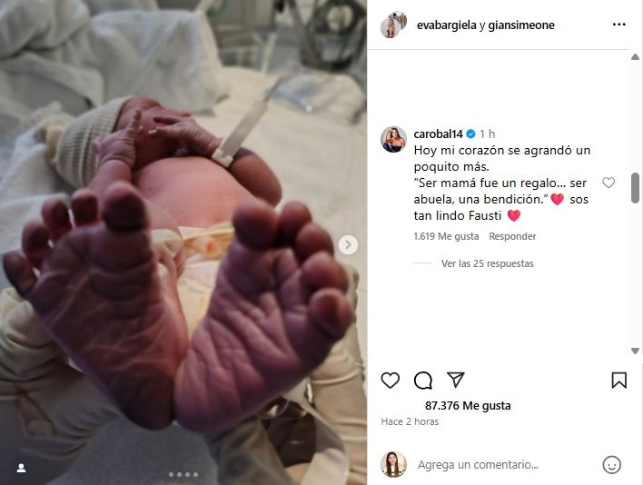 Mensaje de Carolina Baldini tras el nacimiento de su nieto Faustino
