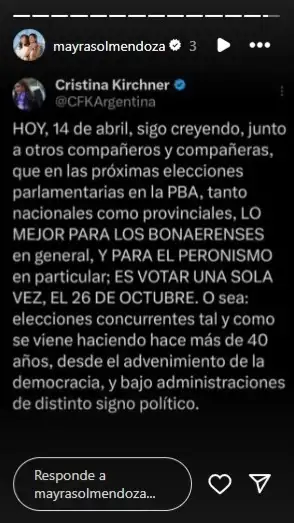 Posteo de Mayra Mendoza contra Axel Kicillof