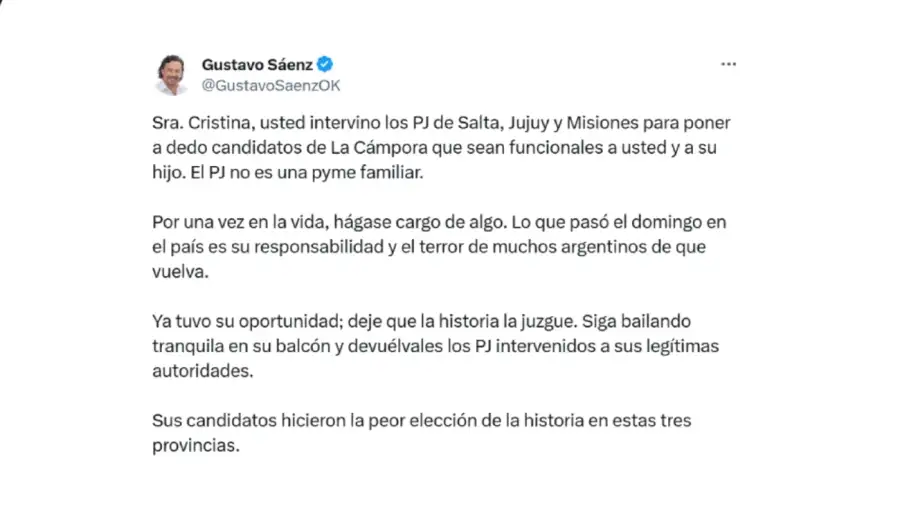 Tweet de Gustavo Sáenz