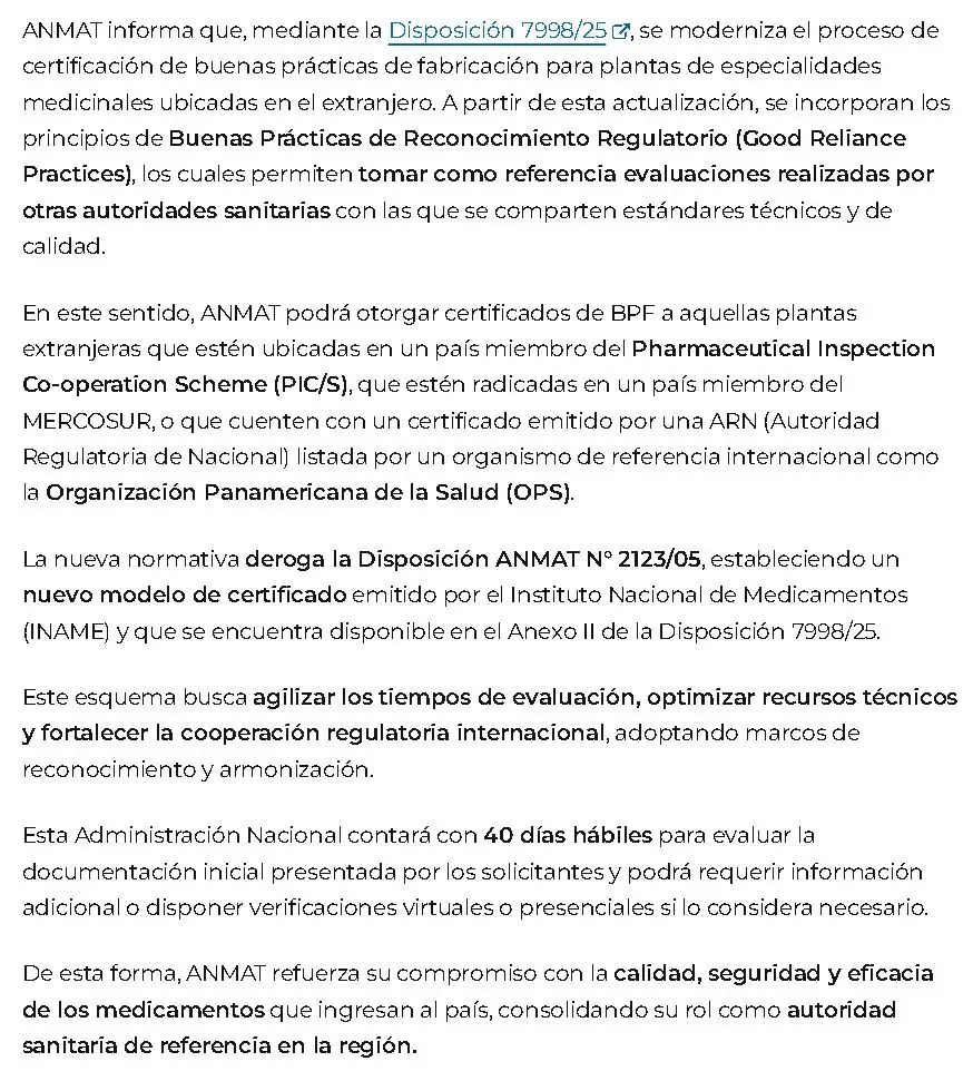 Comunicado de la ANMAT sobre la Disposición 7998-25