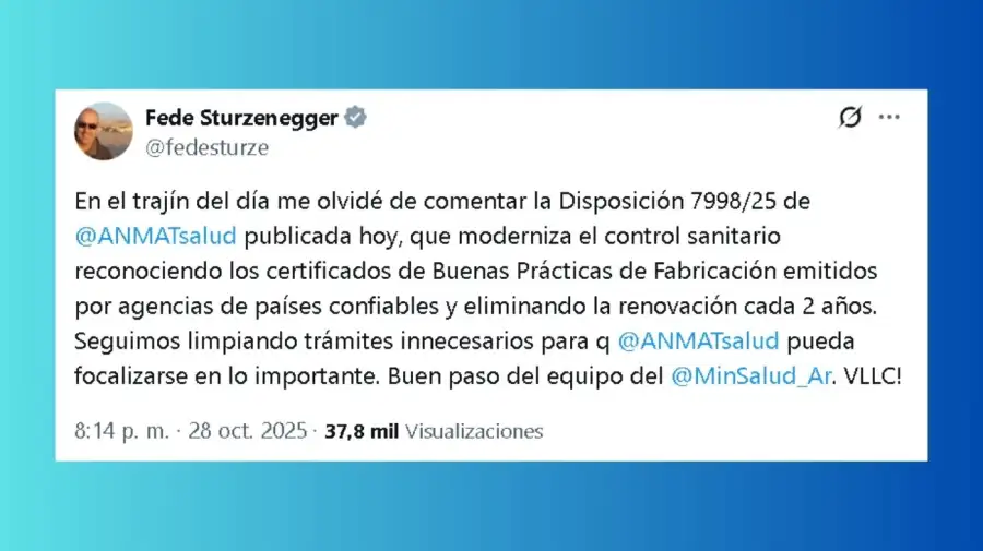 Tuit de Federico Sturzenegger sobre la desregulación de la importación de medicamentos mediante la ANMAT