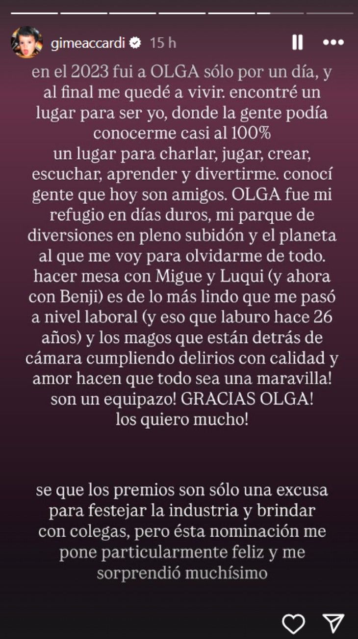 Gime Accardi por su nominación en los Martín Fierro de Streaming