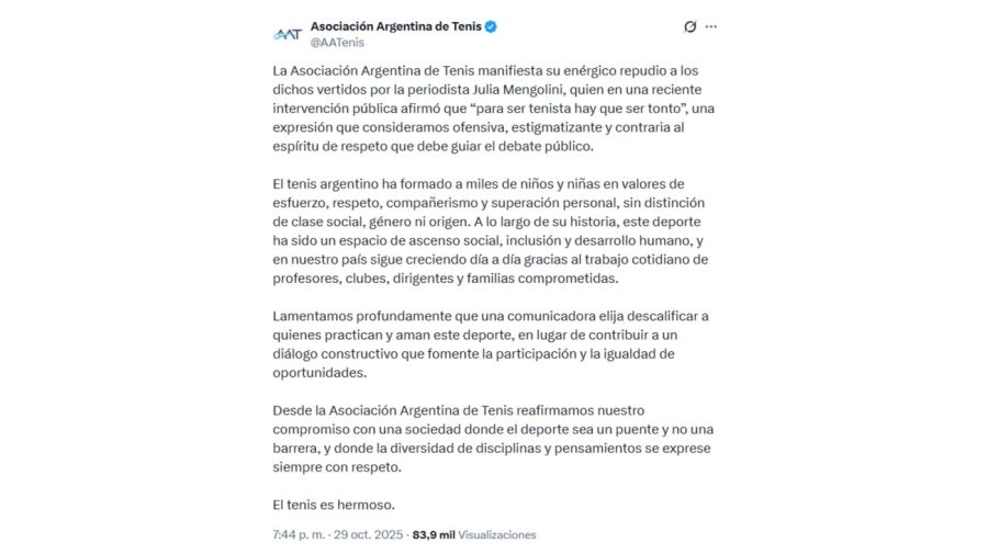 La Asociación Argentina de Tenis arremetió contra Julia Mengolini