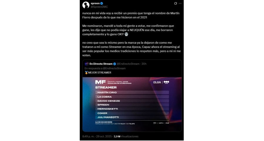 Spreen contra los Martín Fierro de los Canales de Streaming