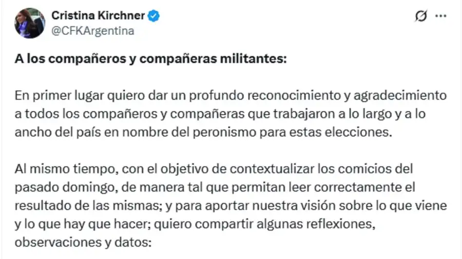 Cristina Kirchner sobre las elecciones