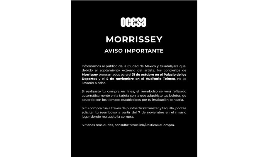 Morrissey canceló sus shows en México