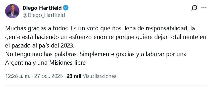 Tuit de Diego Hartfield celebrando su victoria en las elecciones legislativas nacionales 2025