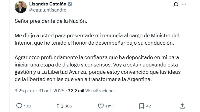 El mensaje de Lisandro Catalán dejando el Ministerio del Interior.