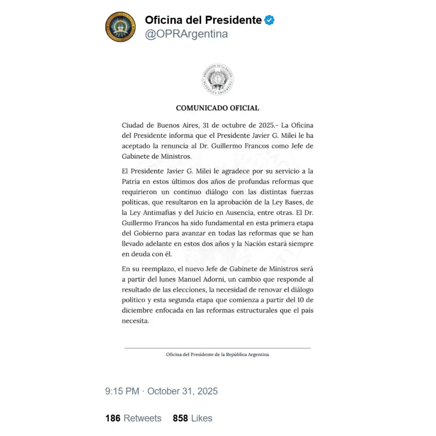 El Presidente Milei aceptó la renuncia de Guillermo Francos