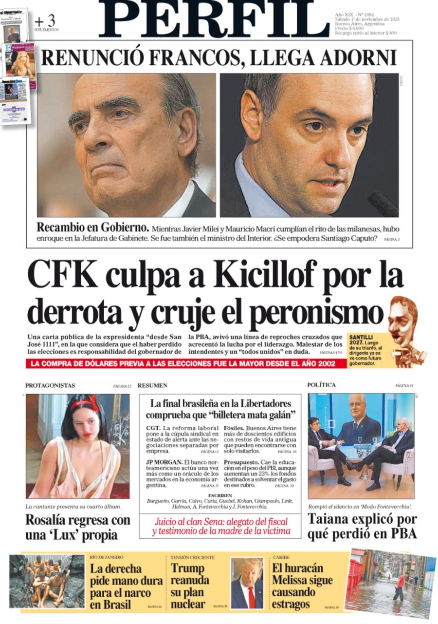 La tapa del Diario PERFIL del sábado 1° de noviembre de 2025