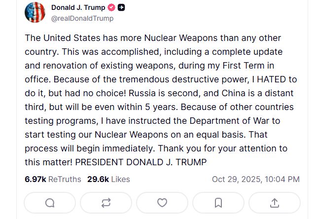El mensaje de Trump en su red social ordenando que se reanuden las pruebas nucleares estadounidenses, suspendidas hace 30 años.