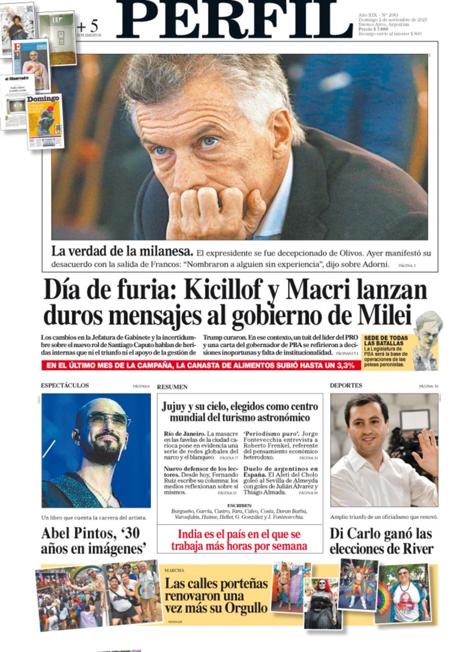 La tapa del Diario PERFIL del domingo 2 de noviembre de 2025
