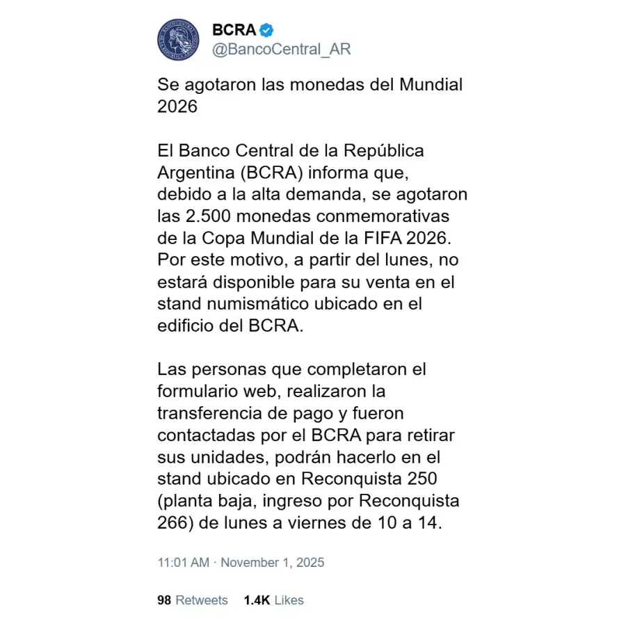 Posteo del Banco Central diciendo que se acabaron las monedas de Maradona