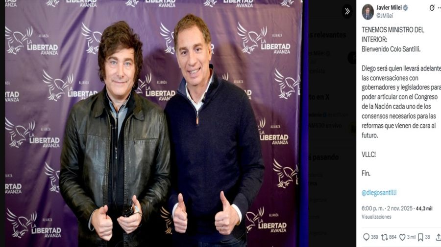 X de Milei anunciando a Santilli