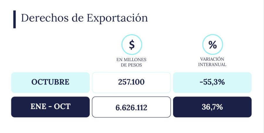 Caída de la recaudación de derechos de exportación en octubre 2025.