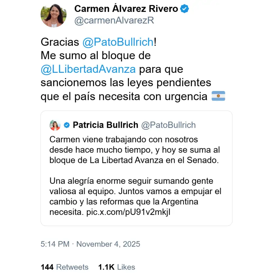 Carmen Álvarez Rivero diciendo que se suma al bloque de LLA en en Senado