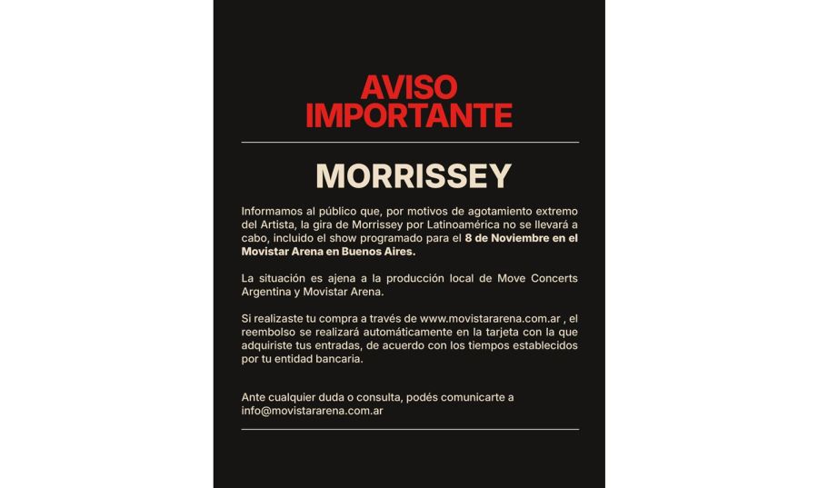 El comunicado de la cancelación del show de Morrissey